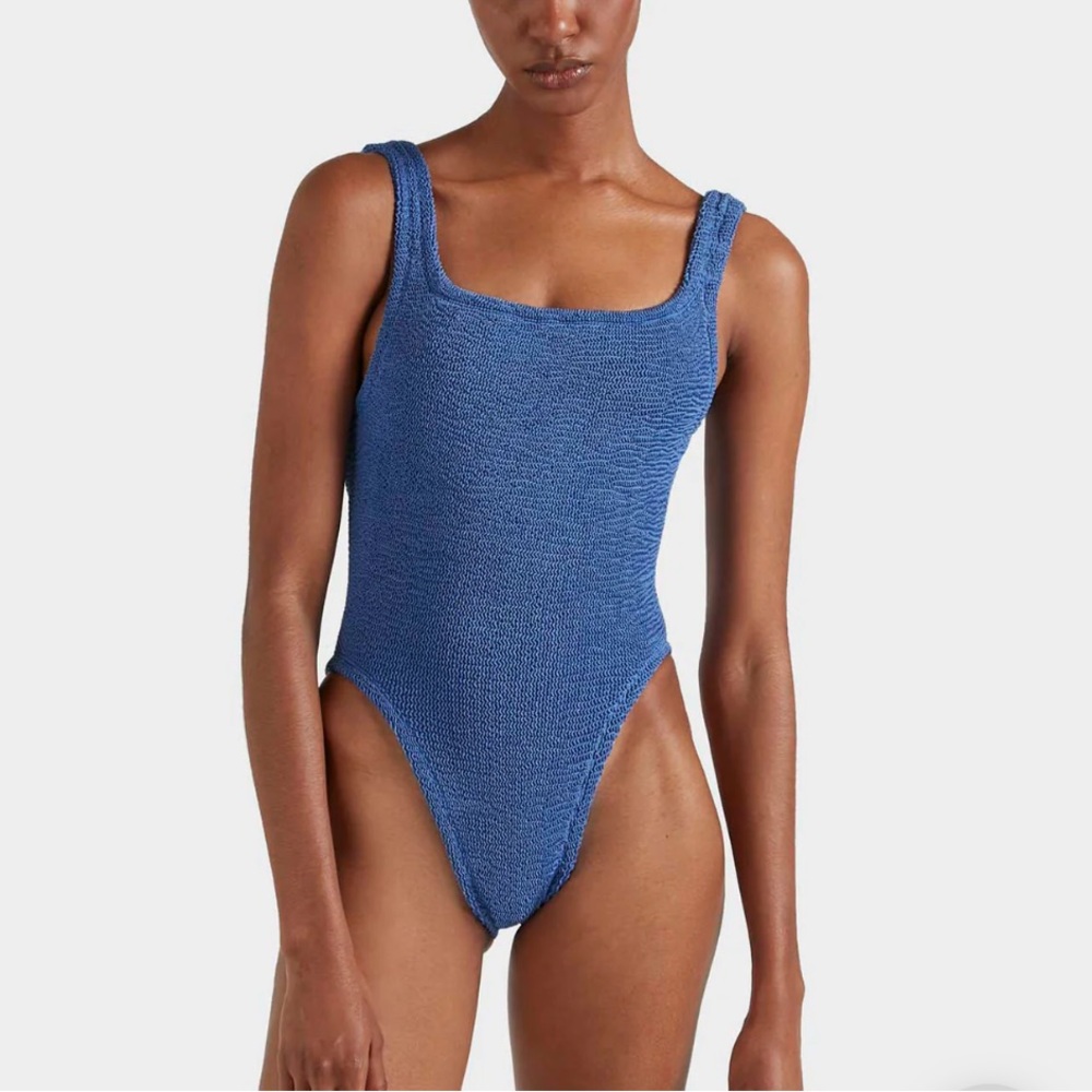 Hunza G Blue Textured Square-Neck One-Piece Swimsuit